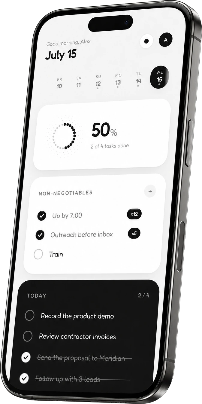 Daily on a floating iPhone: today's tasks, non-negotiables and progress ring